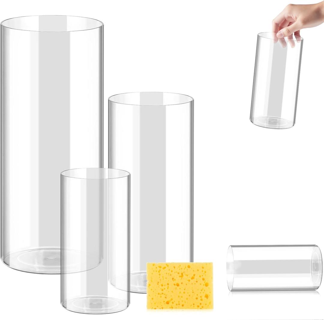 3 Pack Acrylic Cylinder Vase Set, 8" 10" 12" Tall Clear Plastic Flower Vase with Cleaning Sponge, Unbreakable Hurricane Vase for Floor, Desk, Wedding Centerpieces, Living Room, Home Décor
