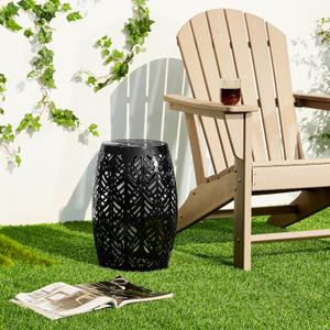 Glitzhome 18.25" H Iron Side Table with Solar Powered Light,Outdoor Cutout Drum Garden Stool Solar Lanterns,Decorative Metal Accent Table End Table Plant Stand for Indoor Outdoor,Black (Black)