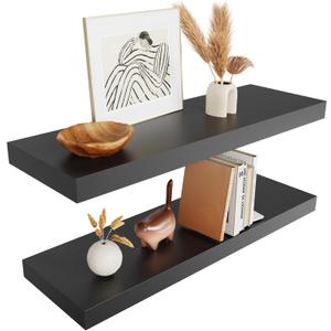 Merapi Black Floating Shelves, 24 Inch Wall Shelves for Bathroom, Bedroom, Hanging Shelf for Wall Storage, Wall Mounted Wooden Shelves for Toilet, Kitchen, Office, Living Room Decor(Set of 2)
