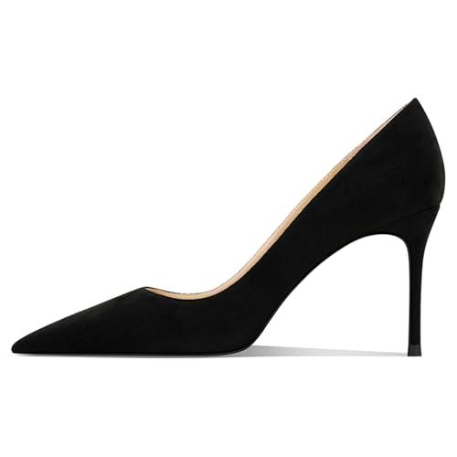 Qunvngutui Women's Pointed Toe Stiletto High Heel Pumps 3.15IN Slip-On Party Wedding Evening Shoes Black Suede US8
