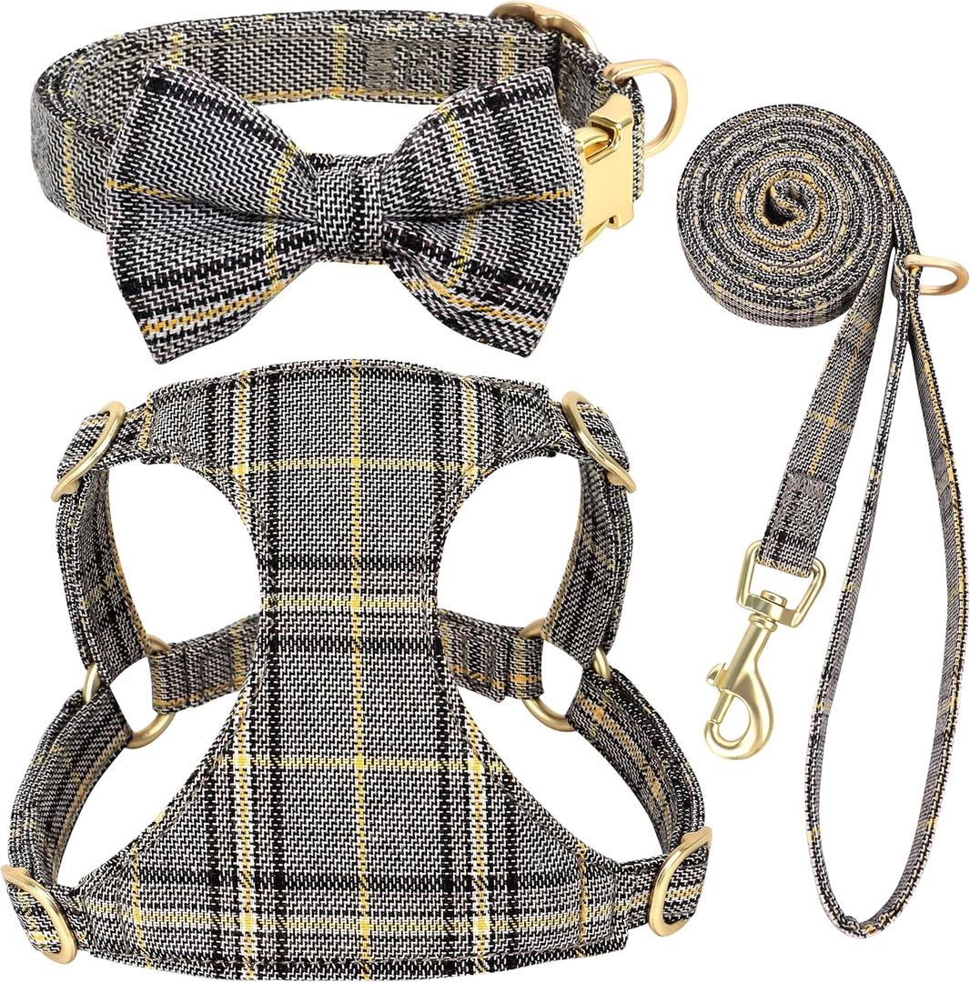 Beirui Cute Small Dog Harness Collar and Leash Set with Bowtie, Soft Adjustable Plaid Puppy Harness for Small Sized Dogs Cats Walks Parties and Photoshoots(Gray,S:Chest 17-23") (S:Fit 9-20 lbs)