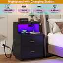 Yusong LED Nightstand Bedside Table with Charging Station 2 Drawers, Modern Sofa Couch End Side Table with LED Lights and Pull-Out Shelf for Bedroom, Black