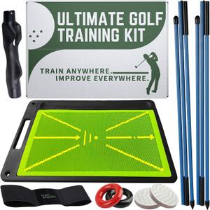 6-in-1 Golf Swing Trainer with Divot Board, Golf Grip Trainer, Alignment Sticks and Training Aid | Golf Accessories for Men & Women | Hitting Mat Practice Indoor & Outdoor, 6 feet by 2 feet