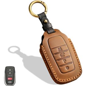 Leather Key Fob Cover, Compatible with Toyota Tundra Corolla Cross Venza Sequoia Highlander Avalon Corolla RAV4 Camry C-HR Prius, No Screw Design Key Holder Protector(4 Button, Brown)