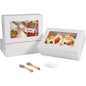 LINSHRY 25 Pcs White Cookie Boxes with Window, 9x6.3x3inch Bakery Boxes for Gift Giving, Holiday and Birthday Party Treat Boxes for chocolate strawberries, Dessert, Donuts, Pastries