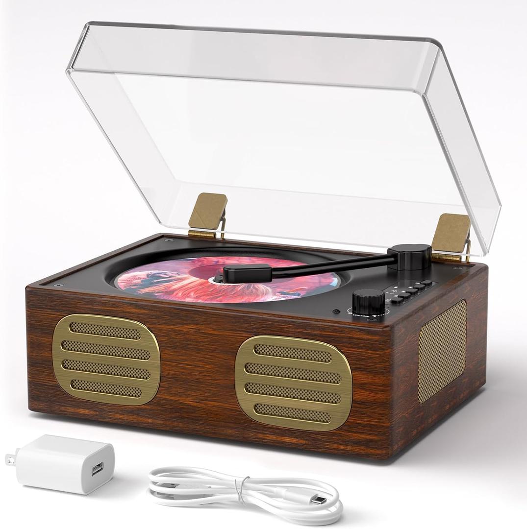 Vintage CD Player with Speakers Bluetooth, Time Music Box, Retro Portable CD Player with Headphone Jack, USB & AUX Playback, Festival Gift for Home Decor, No Remote Control (Walnut)