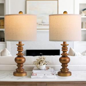 BOBOMOMO 20" Antique Gold Table Lamps Set of 2  Handcrafted Vintage Bedside Lamps with Linen Shades, Elegant Farmhouse Lamps for Bedroom, Living Room, or Entryway  Perfect for Compact Spaces