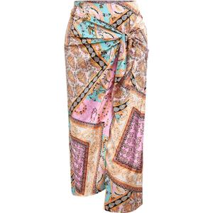 ZAFUL Women's Boho Skirt Asymmetrical Skirts Tied Floral Paisley Printed High Waist Ruched Skirts for Women (XL)
