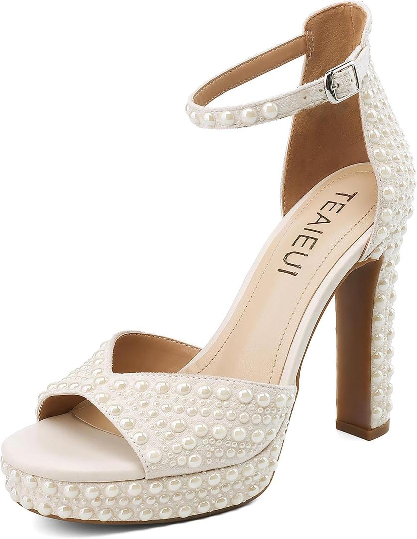 TEAIEUI Pearl Platform Heels for Women, Peep Open Toe Block Heeled Sandals