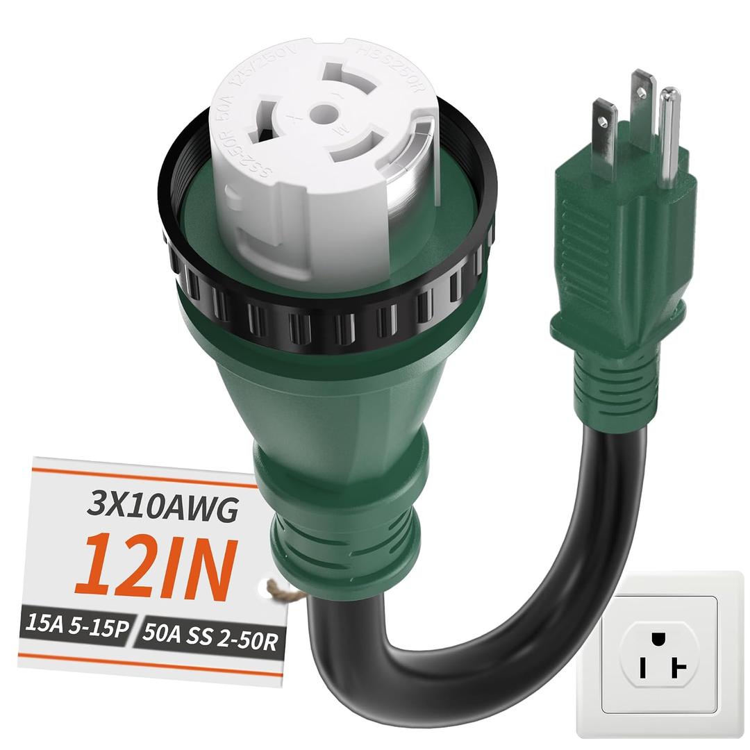 PlugSaf 50 Amp to 15 Amp 110V RV Adapter Plug, 15A Male to 50A Female RV Power Adapter with Twist Lock Plug, Dogbone Electrical for Camper, NEMA 5-15P SS 2-50R, 10/3 STW Cord 12" Green