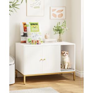 Cat Litter Box Enclosure, Modern Hidden Litter Box Furniture with Scratching Pad, Wooden Cat House Cabinet with Gold Metal Legs, Fit Most of Litter Box,White and Gold (Vertical pattern white)