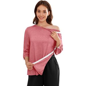 Deyeek Post Shoulder Surgery Shirts for Women Tear Away 3/4 Tops After Rotator Cuff Shirts Chemo Port Adaptive Clothing (Large, Purple Red)