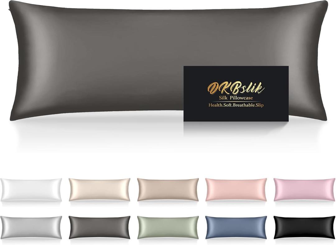 Silk Body Pillow Cases, Mulberry Silk Body Pillow Cover with Zipper, Smooth, Anti Acne, Cooling Sleep Both Sides Natural Silk Satin 20x54 Body Pillowcase, Gifts for Women Men, Dark Gray (Body - 2054 Inch)