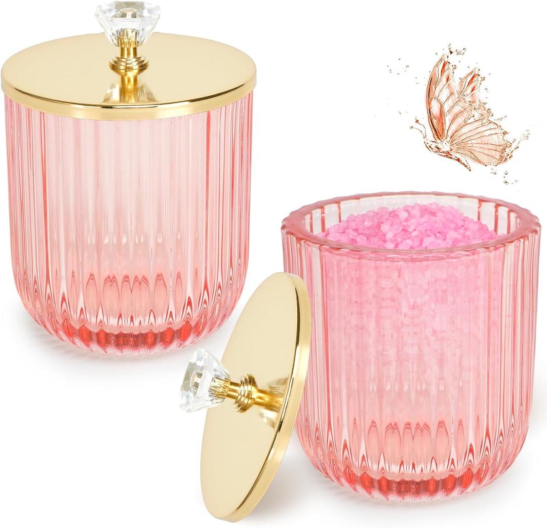 2PCS Qtip Holder Dispenser Set, Cute Glass Apothecary Jars with Lid, Pink Cotton Ball Pad Round Container Holders and Vanity Canister Storage Jar for Makeup Sponges, Floss, Hair Accessories