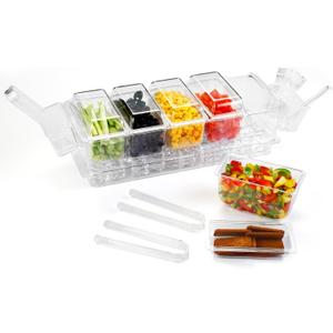 Ice Chilled Condiment Caddy Organizer with Detachable Ice Box & Side Bins, 5 Removable 2.5 Cup Containers with Lids, Clear Garnish Tray Server for Taco Bar, Mimosa, Fruit, Salad, Buffet (BPA-Free)