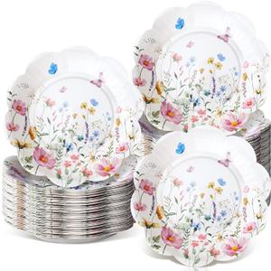 100 Pcs Wildflower Paper Plates Disposable Dessert Baby Bridal Shower Party Supplies Floral Dessert Plates Bulk Birthday Tea Party Serving Tray for Wedding Birthday