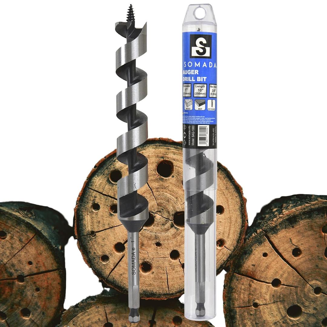 SOMADA 1-Inch x 10-Inch Auger Drill Bit for Wood, Quick Change Hex Shank 3/8-Inch One Piece, Ship Auger Long Drill Bit for Soft and Hard Wood, Plastic, Drywall and Composite Materials