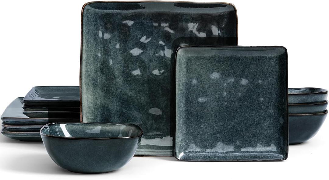 Famiware Dinnerware Sets for 4, Ocean Square 12-Piece Kitchen Plates and Bowls Sets, Reactive Glaze, Microwave and Dishwasher Safe, Scratch Resistant, Deep Forest