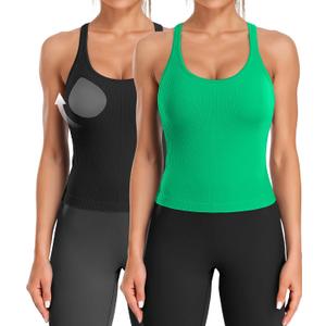 ATTRACO Women Ribbed Workout Crop Tops with Built in Bra Yoga Racerback Tank Top Tight Fit (Black, M)