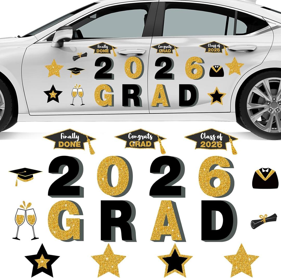 Ferraycle 19 Pieces Graduation Cruise Magnets 2026 Graduation Car Decorations Waterproof Grad Refrigerator Magnetic Decals Stickers for Party Garage Door Decoration Cars Bumper(Black and Gold)