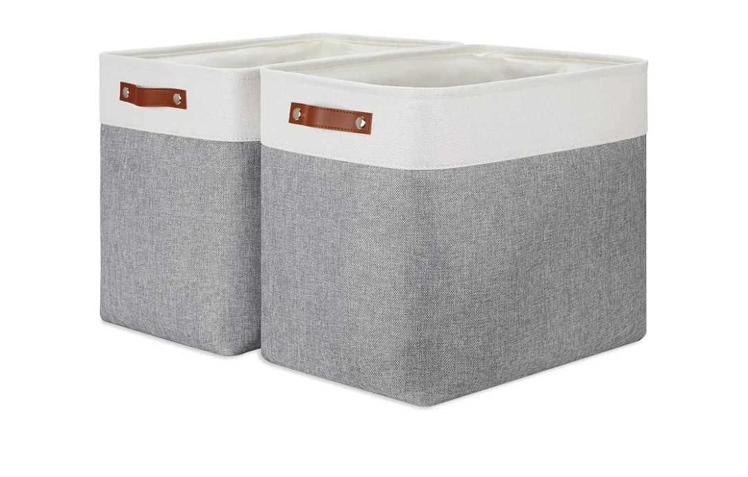 DULLEMELO Extra Large Storage Baskets, Fabric Storage Bins for Organizing Shelves Nursery Toys Books, Closet Baskets and Bins with Handles, White&Grey, 2-Pack