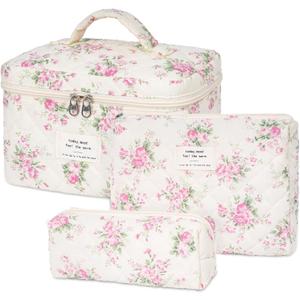 Quilted Makeup Bag,Large Cosmetics Bag Set,Cotton Coquette Floral Make up Pouch,Travel Toiletry Bag for Women (3pcs, Park)