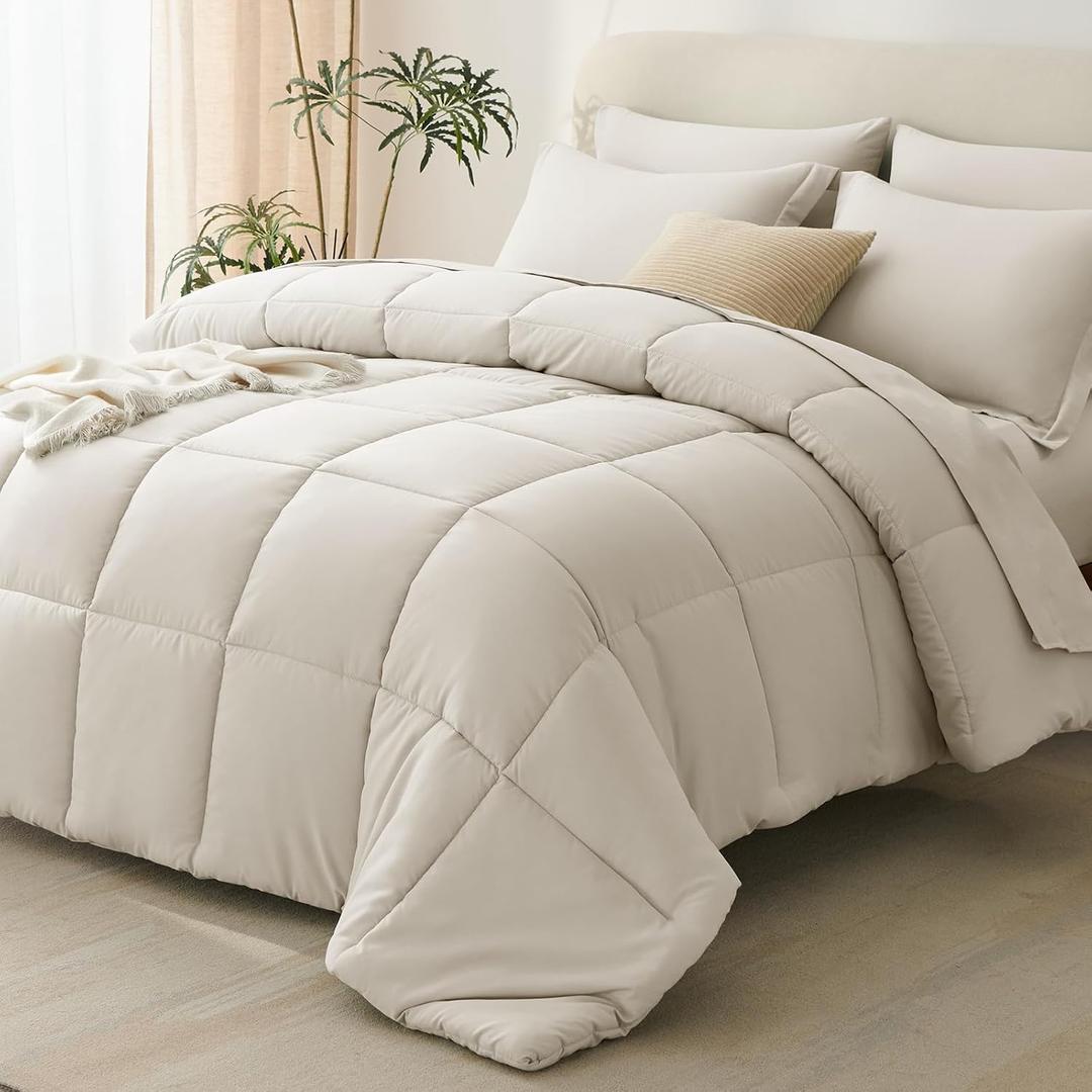 CozyLux Oversized Queen Comforter Set Beige - 7 Pieces Bed in a Bag, 98x98, Oeko-Tex Certified All Season Soft Bedding Set with Down Alternative Comforter, Sheets, Pillowcases & Shams