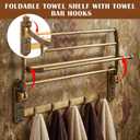 Vintage Brass Foldable Towel Rack with Hooks, Foldable Wall Mounted Bathroom Shelf, Double Towel Bars Antique Gold Aluminum Rail Holder for Bathroom, Entryway, and Kitchen(24")