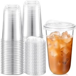 Ziliny 50 Sets Clear Plastic Cups with Strawless Sip Lids, Thickened Clear Disposable Plastic PET Crystal Cups for Iced Coffee, Smoothie, Cold Beverage, Drink Shops and Party Catering (18 oz)