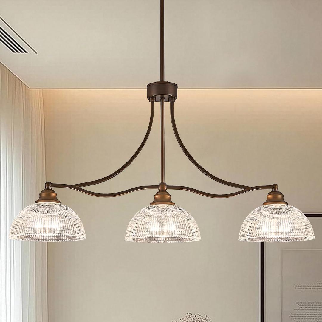 3-Light Oil Rubbed Bronze Pendant Light for Kitchen Island Antique Dome Hanging Light Fixture Brushed Bronze Dinner Room Light with Crystal Glass Adjustable Pendant Lamp for Bedroom Hallway Entryway