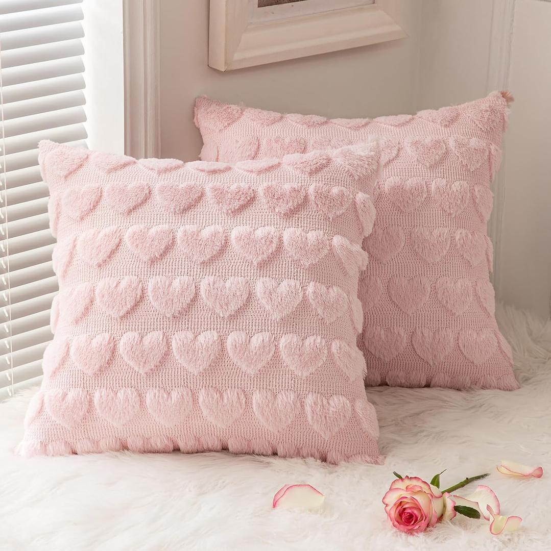 MIULEE Valentines Pillow Covers 18x18 Inch Set of 2 Valentines Day Light Pink Heart Love Decorative Cute Soft Plush Faux Fur Throw Pillows for Girl Bedroom Couch Sofa Holiday Home Decor