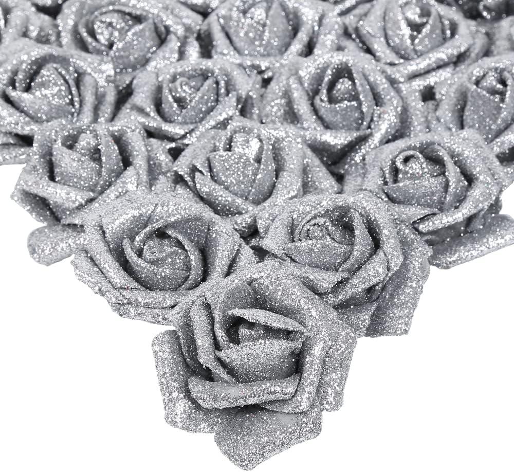 IPOPU Silver Roses Artificial Flowers,25PCS Foam Glitter Roses Glitter Flowers Fake Rose with Stems for DIY Wedding Bridal Bouquet Home Party Christmas Decoration(Silver)