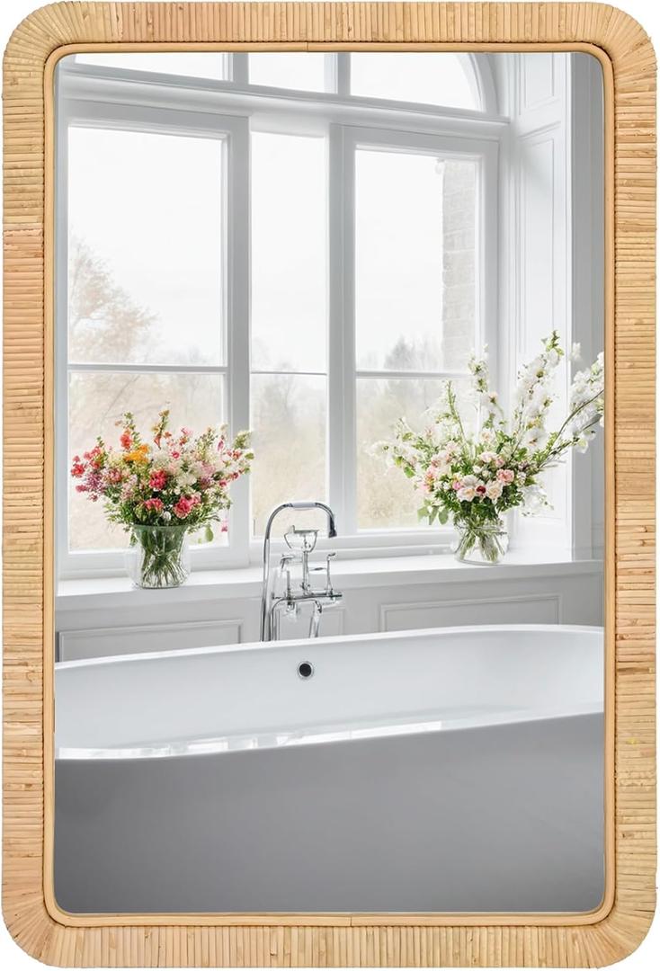 FUIN 24"x36" Rattan Wall Mirror, Natural Wicker Rectangle Bathroom Vanity Mirror, Hanging Boho Decorative Mirror for Farmhouse, Entryway, Bedroom, Living Room, Horizontal Vertical Mount