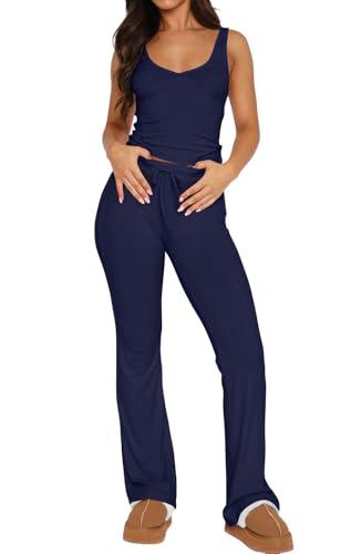 Ezbelle Summer Lounge Set Two Piece Women's V Neck Matching Pajama Outfits Jogger Crop Tank Shirt Knit Sexy Pjs Activewear Sets Long Pants Navyblue, Size S