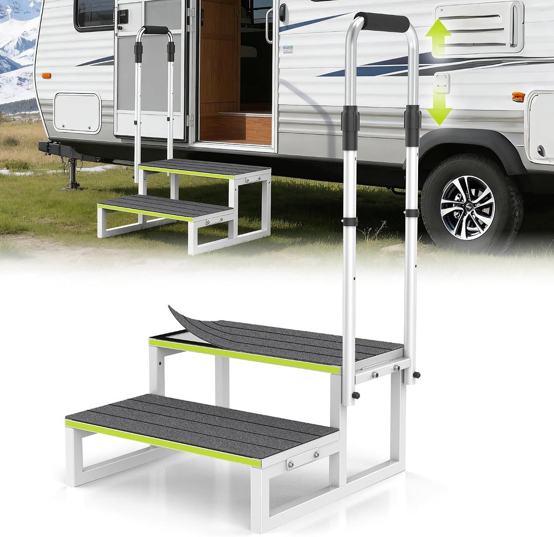 RV Step Stool with Handrail, 2 Step Stool with 1 Handrail, Wide Platform & Anti-Slip Mats, Portable Stairs for Hot Tub/Camper/Mobile Home/Porch/SPA Pool/Pet Stairs