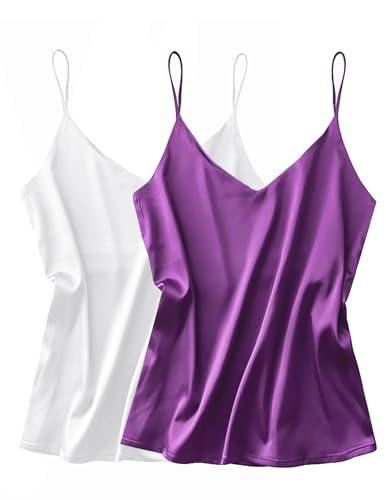 Ekouaer Satin Tank Tops for Women Silk Camisole Tops 2 Pack V Neck Spaghetti Strap Blouse Soft Dressy Shirt White/Purple X-Large