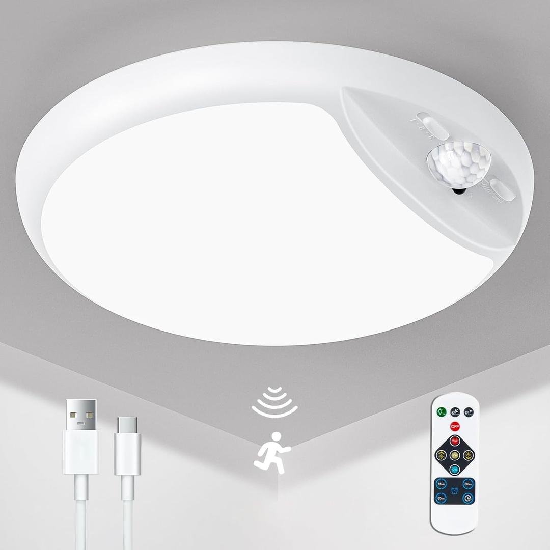 Rechargeable Motion Sensor Ceiling Light with Remote,Battery Powered Wireless Shower Lights,7.5in 600LM,10000mAh Battery Operated Ceiling Closet Light for Kitchen, Closet, Bathroom, Hallway, White