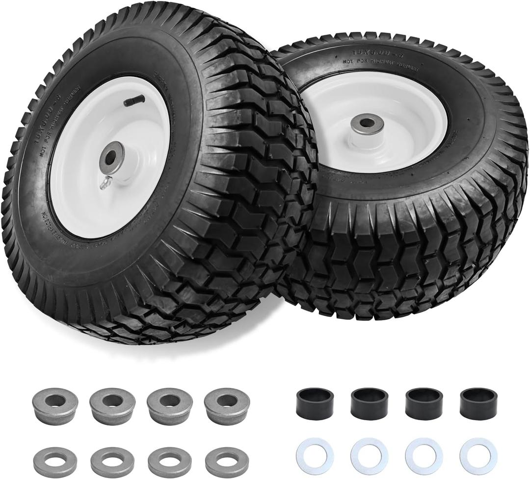Parts Camp 15x6.00-6nhs Lawn Mower Tires and Wheels with 3/4" Bushing and 3" Centered Hub, Rubber Pneumatic Tire for Husqvarna Craftsman Riding Mowers (2 Packs)