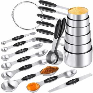 Measuring Cups & Spoons Set of 16, BOBIPRO Stainless Steel 8 Nesting Measure Cups Set & 7 double-sided Magnetic Measuring Spoons Set & 1 Leveler for Dry and Liquid Ingredient