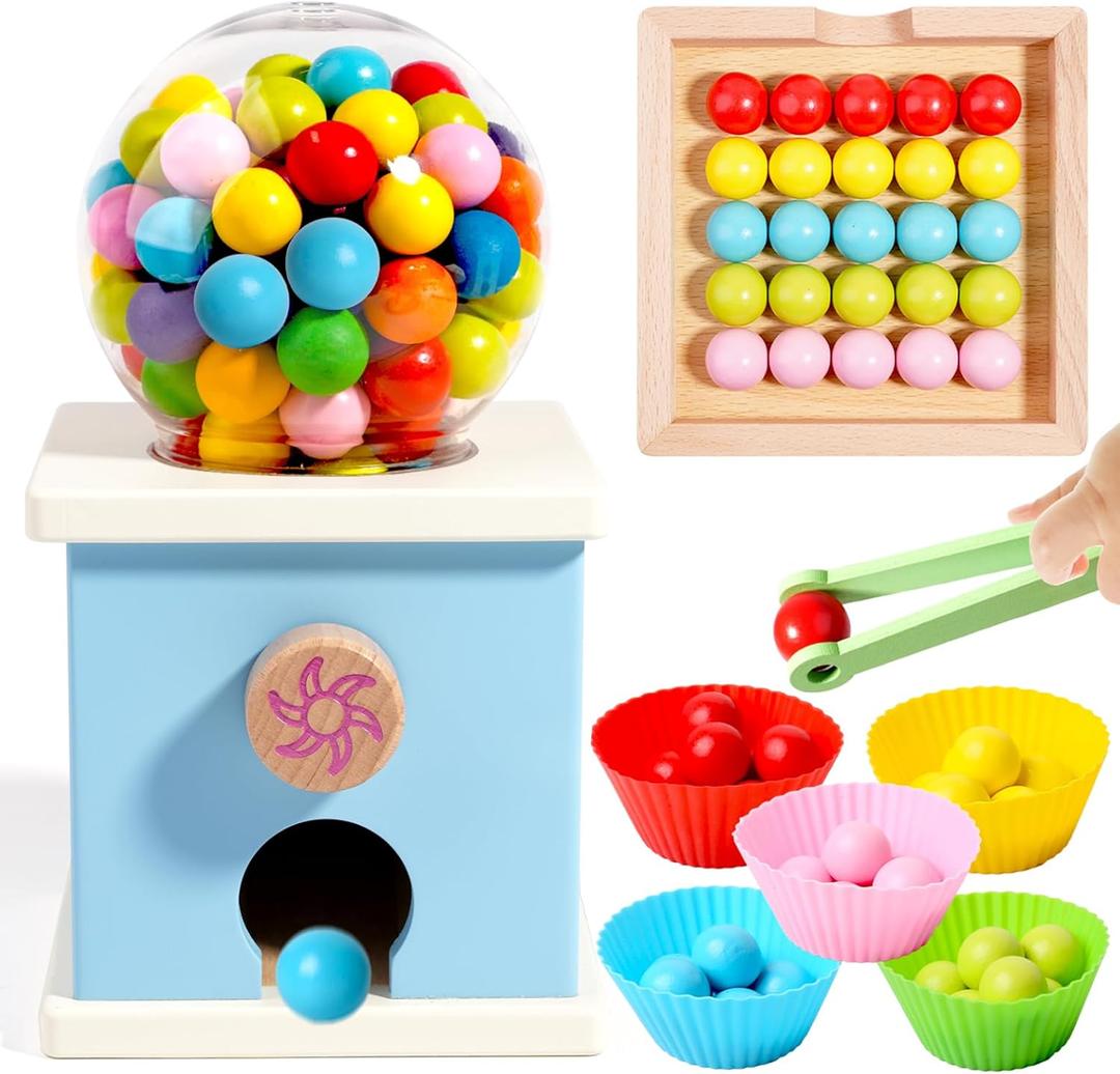 9.6" Wooden Gumball Machine Counting Montessori Toys for 3 4 5 Years Old Boys Girls, Toddler Preschool Learning Activities Toy for Kids Ages 4-8, Birthday Gifts Sensory Toys (White&blue Candy Machine)