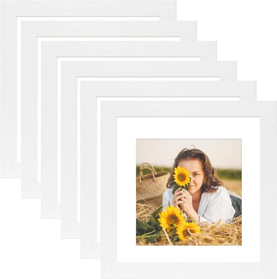 12x12 Picture Frame Rustic White Wood Set of 6,Display Pictures 8x8 with Mat or 12x12 Without Mat,Multi Photo Frames Collage for Wall or Tabletop Display