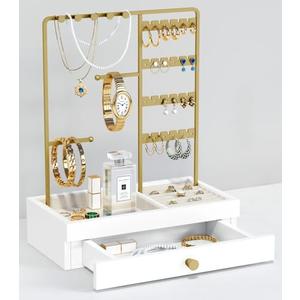 Goozii Gold Jewelry Stand Organizer Necklace Holder, Birthday Gifts for Women Girls, Small Jewelry Stand for Earrings Rings Bracelets, Velvet Jewelry Hanger Tree, Mothers Day Gifts - White and Gold