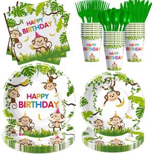 Monkey Birthday Decorations Tableware, Wild Jungle Animal Monkey Theme Party Supplies for Birthday Baby Shower, Paper Plate, Cup, Napkin, Cutlery, Serves 24