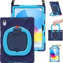 BRAECN Case for iPad (A16) 11th/10th Generation 11/10.9'' 2025/2022, Heavy Duty Shockproof Cover with Pencil Holder/Screen Protector/Rotating Handle Grip/Stable Kickstand/Shoulder Strap, Navy Blue