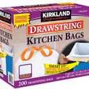 Kirkland Signature 13 Gallon 200 Ct Carton 100% recyclable Heavy Duty Drawstring Kitchen Trash Bags Garbage Bag,White