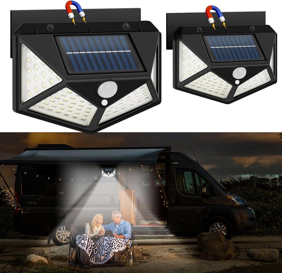 RV Magnetic Motion Sensor Light, Solar RV Porch Light, Exterior RV Lighting, Camper Lights Outdoor, Awning Lights for Trailer, 5th Wheels, 100LED, 2 Pack