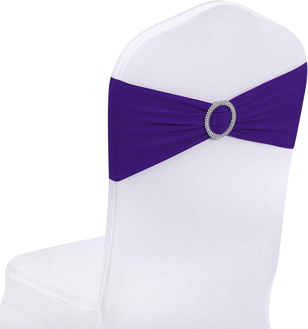 Peomeise 50pcs Purple Spandex Chair Sashes with Buckle Slider for Wedding, Party Decoration