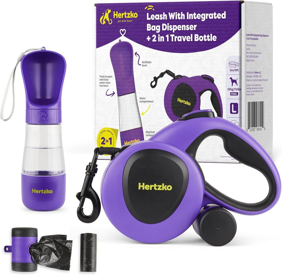 Hertzko Heavy Duty Retractable Dog Leash with Built-in Poop Bag Holder + Water Dispenser/Bottle - Purple & Black, 16 Ft, Small, Medium & Large Dogs Up to 110lbs, Heavy Duty Purple Leash w/Thick Rope