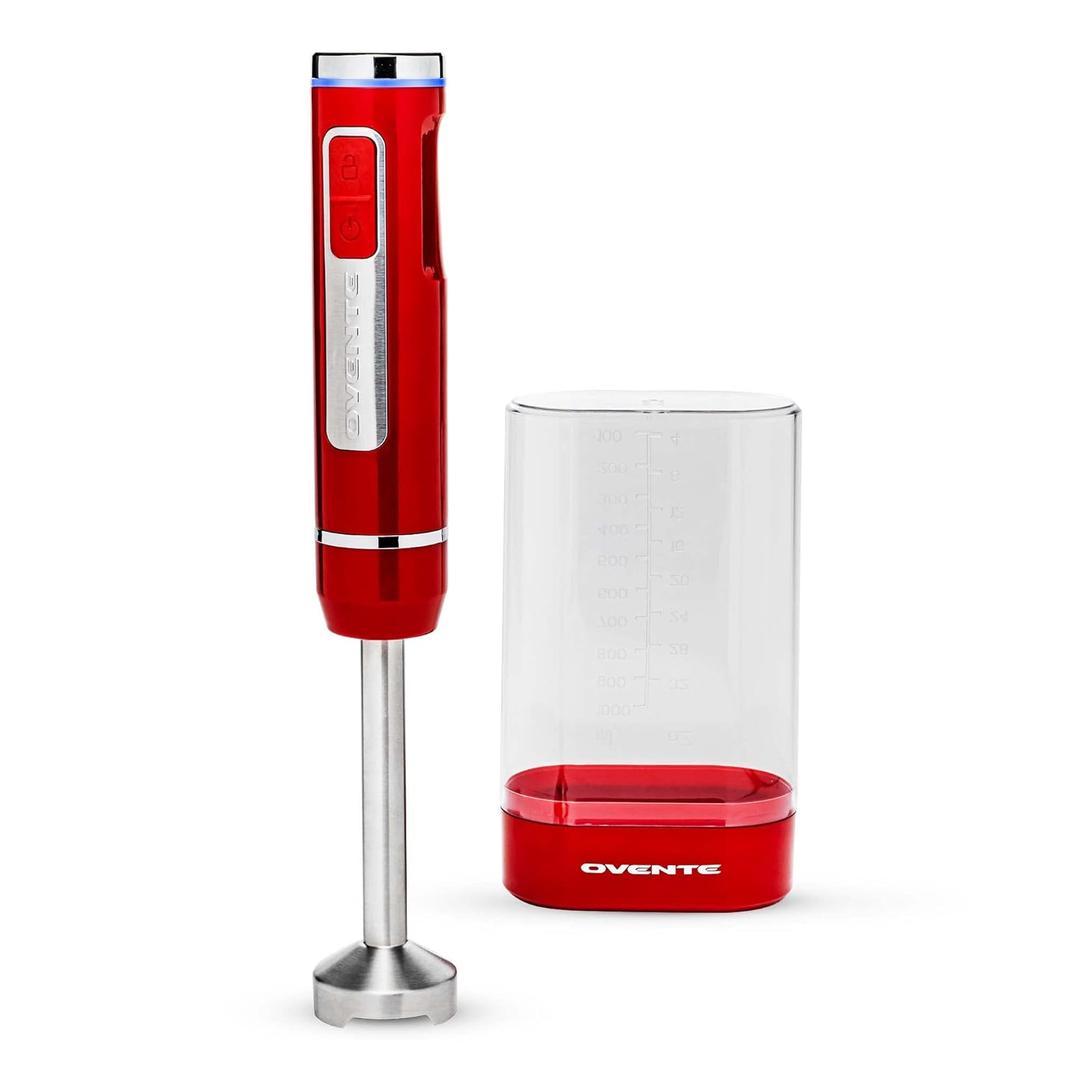 OVENTE Cordless Immersion Hand Blender, Rechargeable Handheld Portable Stick Mixer with 8 Mixing Speed Option, One-Touch Control and Stainless Steel Blades for Smoothies, Shakes or Soups, Red HR781R (Red - 200 Watts)