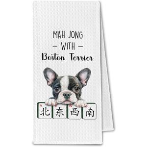 Boston Terrier Mahjong Kitchen Towels, Boston Terrier Dog Lovers Gifts for Women & Men, Mahjong Mah Jong Dog Hand Dish Tea Towels for Kitchen Bathroom Decorative, 16x24 Inch